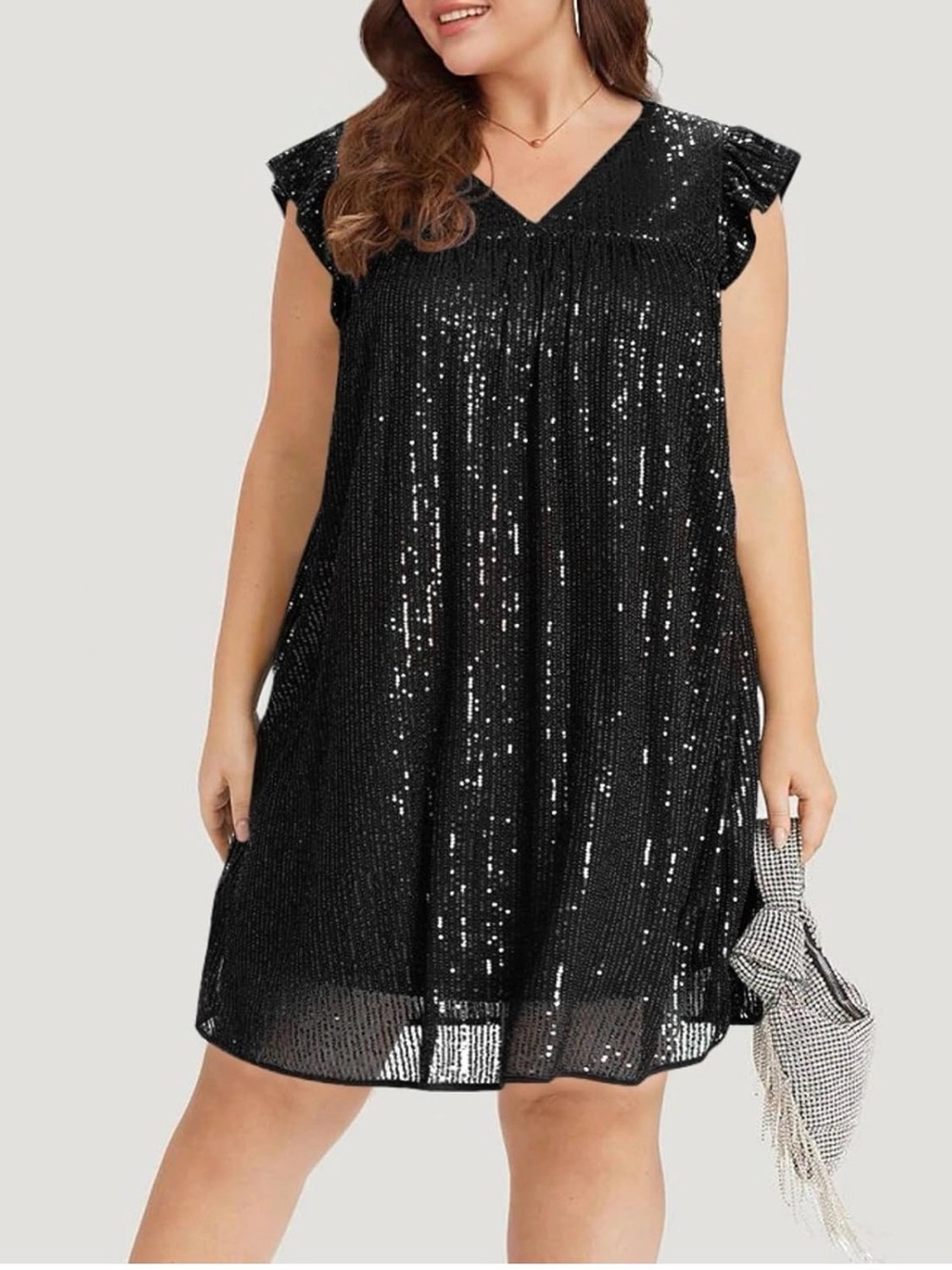 NWOT Plus Size Black Sequin V-Neck Mini Dress - Sparkle Evening Dress, 3XL